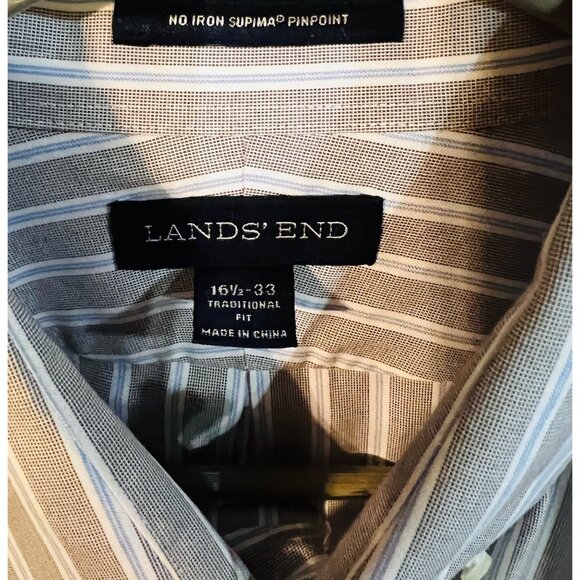Lands' End Men's No Iron Pinpoint Shirt 16.5/33 Gray & Blue Stripes - Picture 2 of 2